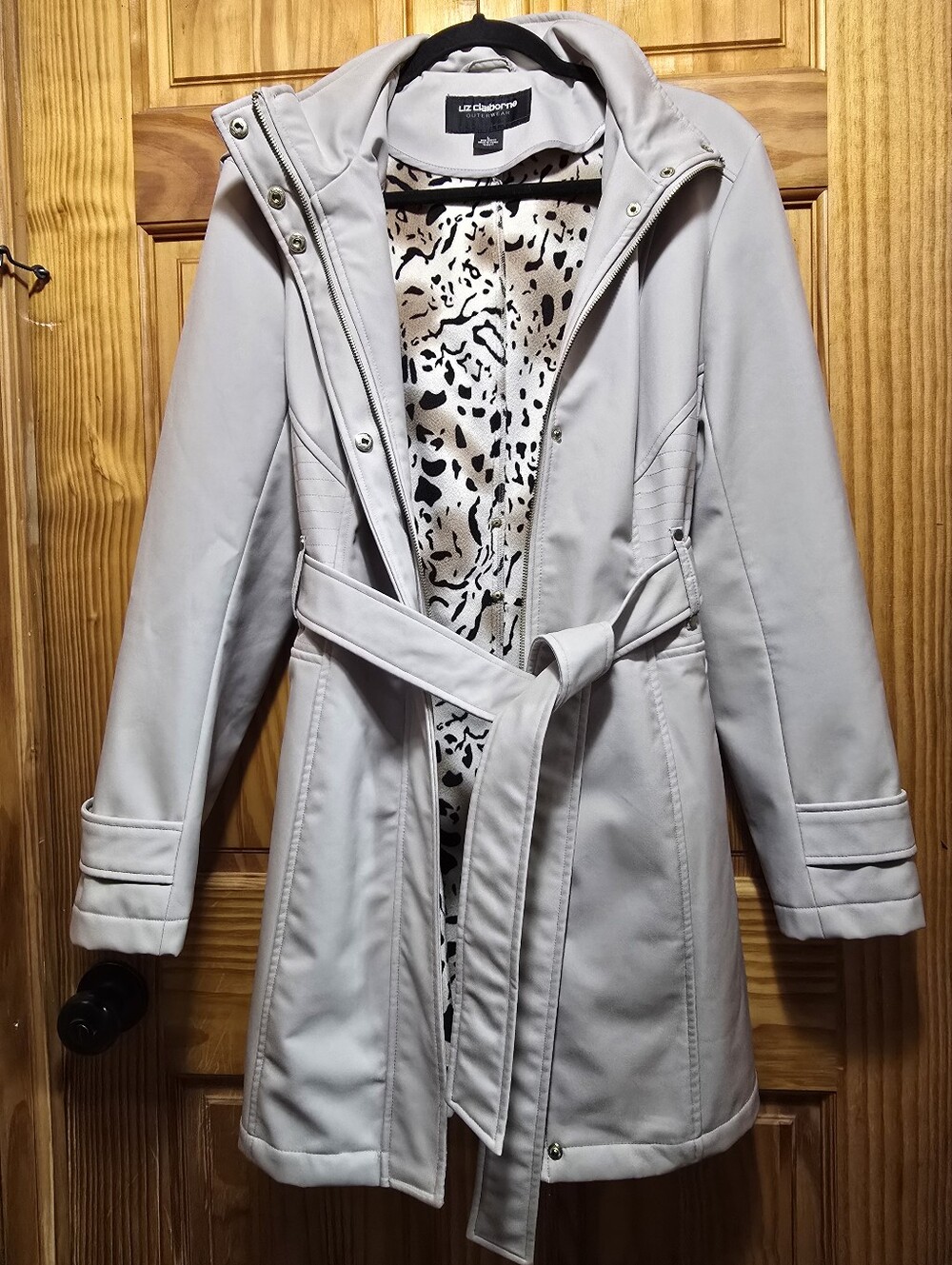 Liz Claiborne Hooded Trench Coat Lg Animal Print